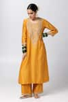 Pants and Pajamas_Yellow Silk Chanderi Embroidery Floral Round Neck Zari Sequin Kurta _Online_at_Aza_Fashions