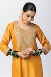 Buy_Pants and Pajamas_Yellow Silk Chanderi Embroidery Floral Round Neck Zari Sequin Kurta _Online_at_Aza_Fashions