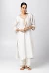 Buy_Pants and Pajamas_White Silk Chanderi Print Polka Dot V Neck Embroidered Straight Kurta _at_Aza_Fashions