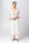 Pants and Pajamas_White Silk Chanderi Print Polka Dot V Neck Embroidered Straight Kurta _Online_at_Aza_Fashions