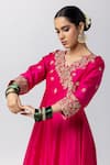 Shop_Pants and Pajamas_Pink Silk Chanderi Embroidery Floral V Neck Hand Anarkali _Online_at_Aza_Fashions