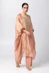 Buy_Pants and Pajamas_Pink Tissue Gold Zari Embroidery Floral Round Neck Hand Kaftan _at_Aza_Fashions