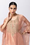 Shop_Pants and Pajamas_Pink Tissue Gold Zari Embroidery Floral Round Neck Hand Kaftan _Online_at_Aza_Fashions