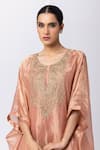 Pants and Pajamas_Pink Tissue Gold Zari Embroidery Floral Round Neck Hand Kaftan _at_Aza_Fashions