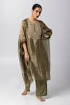 Buy_Pants and Pajamas_Green Tissue Gold Zari Embroidery Floral Round Neck Hand Kaftan _at_Aza_Fashions