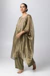 Pants and Pajamas_Green Tissue Gold Zari Embroidery Floral Round Neck Hand Kaftan _Online_at_Aza_Fashions