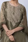 Pants and Pajamas_Green Tissue Gold Zari Embroidery Floral Round Neck Hand Kaftan _at_Aza_Fashions