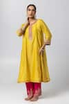 Buy_Pants and Pajamas_Yellow Silk Chanderi Embroidery Floral Round Neck Contrast Placket Kurta _at_Aza_Fashions