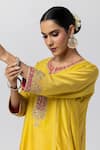 Shop_Pants and Pajamas_Yellow Silk Chanderi Embroidery Floral Round Neck Contrast Placket Kurta _Online_at_Aza_Fashions