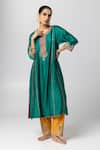 Buy_Pants and Pajamas_Green Silk Chanderi Embroidery Floral Round Neck Contrast Placket Kurta _at_Aza_Fashions