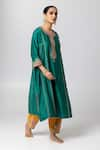 Pants and Pajamas_Green Silk Chanderi Embroidery Floral Round Neck Contrast Placket Kurta _Online_at_Aza_Fashions