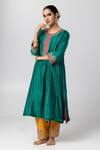 Buy_Pants and Pajamas_Green Silk Chanderi Embroidery Floral Round Neck Contrast Placket Kurta _Online_at_Aza_Fashions