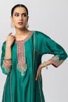 Shop_Pants and Pajamas_Green Silk Chanderi Embroidery Floral Round Neck Contrast Placket Kurta _Online_at_Aza_Fashions