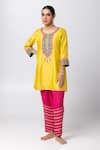 Buy_Pants and Pajamas_Yellow Silk Chanderi Embroidery Floral Round Neck Short Kurta _at_Aza_Fashions