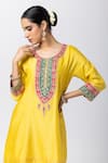 Buy_Pants and Pajamas_Yellow Silk Chanderi Embroidery Floral Round Neck Short Kurta _Online_at_Aza_Fashions