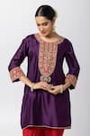 Buy_Pants and Pajamas_Purple Silk Chanderi Embroidery Floral Round Neck Short Kurta _at_Aza_Fashions