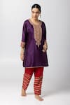 Buy_Pants and Pajamas_Purple Silk Chanderi Embroidery Floral Round Neck Short Kurta _Online_at_Aza_Fashions