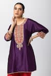 Pants and Pajamas_Purple Silk Chanderi Embroidery Floral Round Neck Short Kurta _at_Aza_Fashions