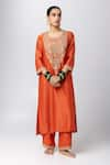 Buy_Pants and Pajamas_Orange Kurta Silk Chanderi Embroidered Sequin Round Paisley Pattern Pant Set _at_Aza_Fashions