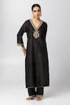 Buy_Pants and Pajamas_Black Kurta Silk Chanderi Printed Sequin V Neck Polka Dot And Pant Set _Online_at_Aza_Fashions