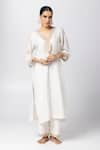 Buy_Pants and Pajamas_White Kurta Silk Chanderi Printed Sequin V Polka Dot Embroidered And Pant Set _Online_at_Aza_Fashions