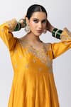 Buy_Pants and Pajamas_Yellow Anarkali Silk Chanderi Embroidered Sequin V Neck Floral Angarkha Set _Online_at_Aza_Fashions