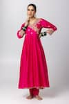 Pants and Pajamas_Pink Kurta Silk Chanderi Embroidered Sequin V Floral Angarkha Anarkali Set _Online_at_Aza_Fashions