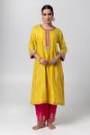 Buy_Pants and Pajamas_Yellow Kurta Silk Chanderi Embroidered Sequin Round Lace Work Salwar Set _at_Aza_Fashions