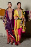 Pants and Pajamas_Yellow Kurta Silk Chanderi Embroidered Sequin Round Floral Patchwork Pant Set _Online_at_Aza_Fashions