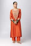 Pants and Pajamas_Orange Kurta Silk Chanderi Embroidered Sequin Round Yoke Pant Set _Online_at_Aza_Fashions