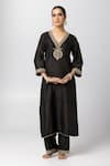 Buy_Pants and Pajamas_Black Kurta Silk Chanderi Printed Polka Dot V Neck Embroidered Pant Set _Online_at_Aza_Fashions