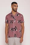 Lacquer Embassy_Pink Rayon Verve Leaf Print Button Down Shirt _Online_at_Aza_Fashions