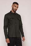 Lacquer Embassy_Green Textured Cotton Ember Flap Pocket Shirt _at_Aza_Fashions