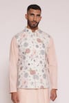 Lacquer Embassy_Peach Bundi Cotton Twill Printed Floral Kurta Set _at_Aza_Fashions