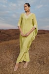 Buy_ISLIE BY PRIYA JAIN_Green Natural Crepe Embroidery Sequin V Neck Neckline Kaftan And Pant Set _at_Aza_Fashions