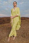 Shop_ISLIE BY PRIYA JAIN_Green Natural Crepe Embroidery Sequin V Neck Neckline Kaftan And Pant Set _at_Aza_Fashions