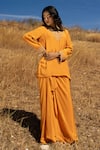 Buy_ISLIE BY PRIYA JAIN_Orange Natural Crepe Embroidery Zardozi V Neck Neckline Kurta And Skirt Set _at_Aza_Fashions