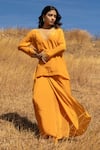 Shop_ISLIE BY PRIYA JAIN_Orange Natural Crepe Embroidery Zardozi V Neck Neckline Kurta And Skirt Set _at_Aza_Fashions