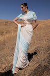 Shop_ISLIE BY PRIYA JAIN_Cream Organza Round Pleated Pre-draped Saree Set With Embroidered Cape _at_Aza_Fashions