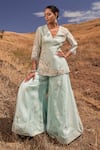 Shop_ISLIE BY PRIYA JAIN_Blue Organza Embroidery Thread V Neck Floral Peplum Kurta And Sharara Set _at_Aza_Fashions