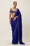 Buy_Vvani by Vani Vats_Blue Saree Satin Embroidery Sequin Crystal Border Embellished With Blouse _at_Aza_Fashions