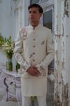 Shop_Amrit Dawani_Ivory Bandhgala Silk Embroidered Thread Floral Deer Trouser Set _Online_at_Aza_Fashions