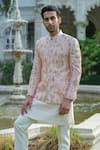 Buy_Amrit Dawani_Rose Gold Bandhgala Raw Silk Embroidered Thread Zardozi Floral Trouser Set _Online_at_Aza_Fashions