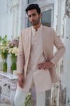 Amrit Dawani_Rose Gold Jacket Raw Silk Embroidered Thread Floral Butti Kurta Set _at_Aza_Fashions