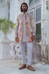 Buy_Amrit Dawani_Grey Jacket Organza Embroidered Thread Floral Patchwork Kurta Set _at_Aza_Fashions