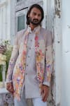 Shop_Amrit Dawani_Grey Jacket Organza Embroidered Thread Floral Patchwork Kurta Set _Online_at_Aza_Fashions