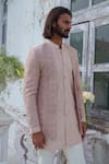 Amrit Dawani_Rose Gold Jacket Raw Silk Embroidered Thread Geometric Open Kurta Set _at_Aza_Fashions