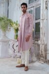 Buy_Amrit Dawani_Pink Cape Kurta Modal Silk Hand Painted Floral Open Attached With Trouser _Online_at_Aza_Fashions