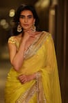 Gopi Vaid_Yellow Saree Chiffon Print Floral V Neck Kanika Embroidered Border With Blouse _Online