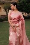 Shop_Geroo Jaipur_Pink Tissue Woven Zari Crinkle Saree With Unstitched Blouse Piece _Online_at_Aza_Fashions